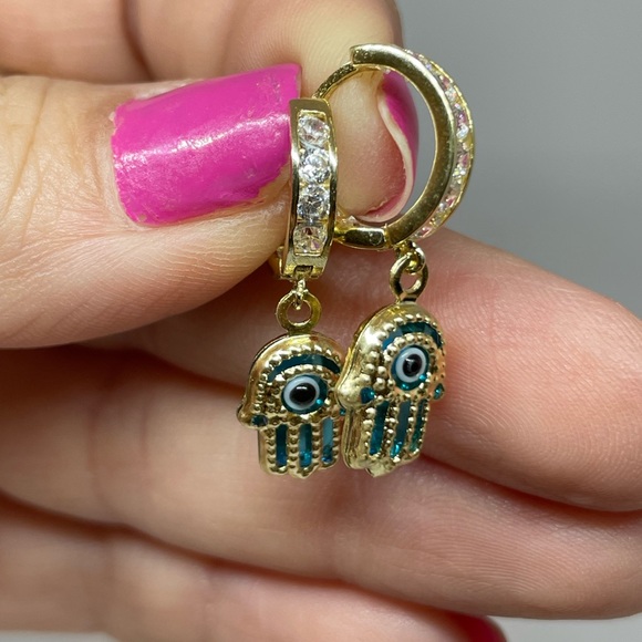 14k Yellow Gold Hamsa Dangle Huggie Earrings, - Picture 7 of 7